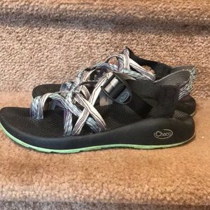 Blue, gray, and purple Chacos